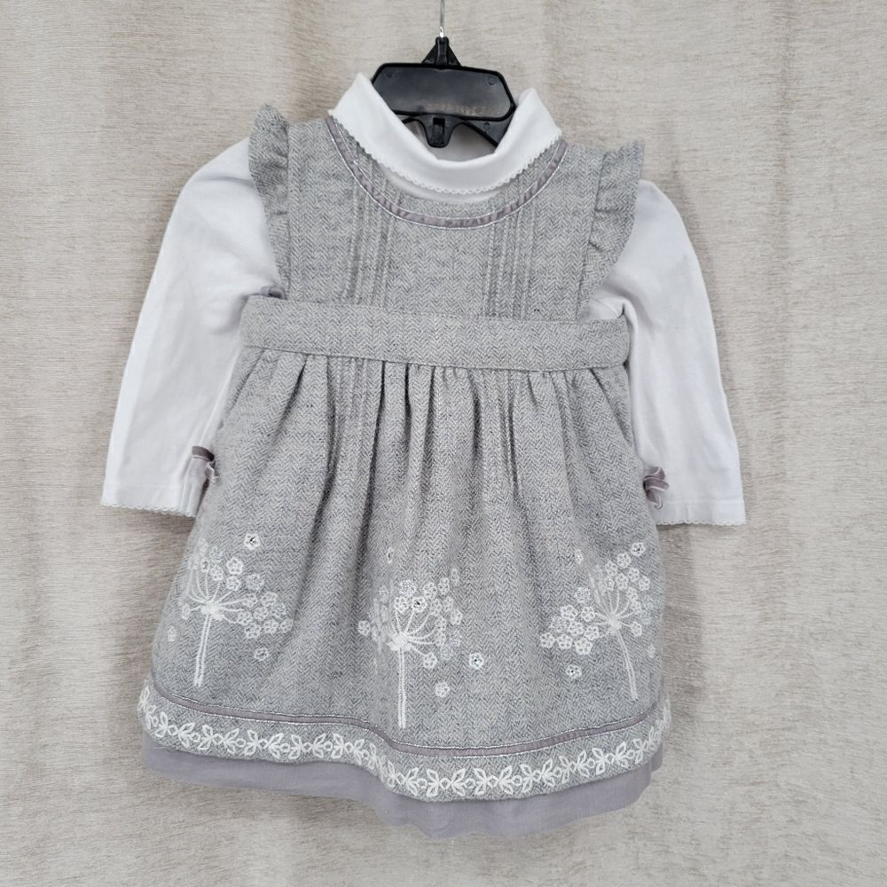 MONSOON Gray Wool Blend Dress with withe embroidery 3-6mo